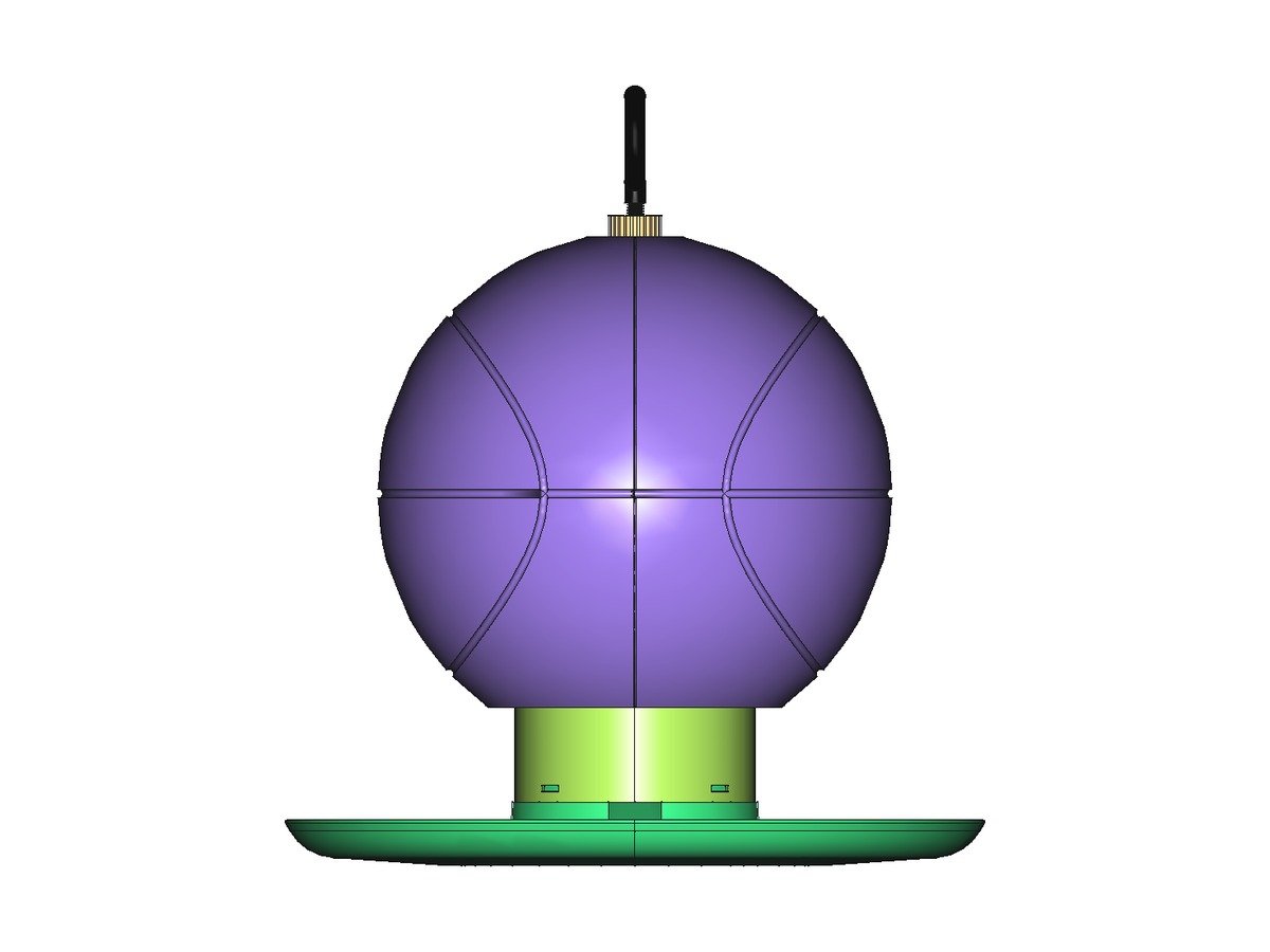 CAD drawing of the basketball ScoreShell bird feeder shell on a bird feeder base with seed tray