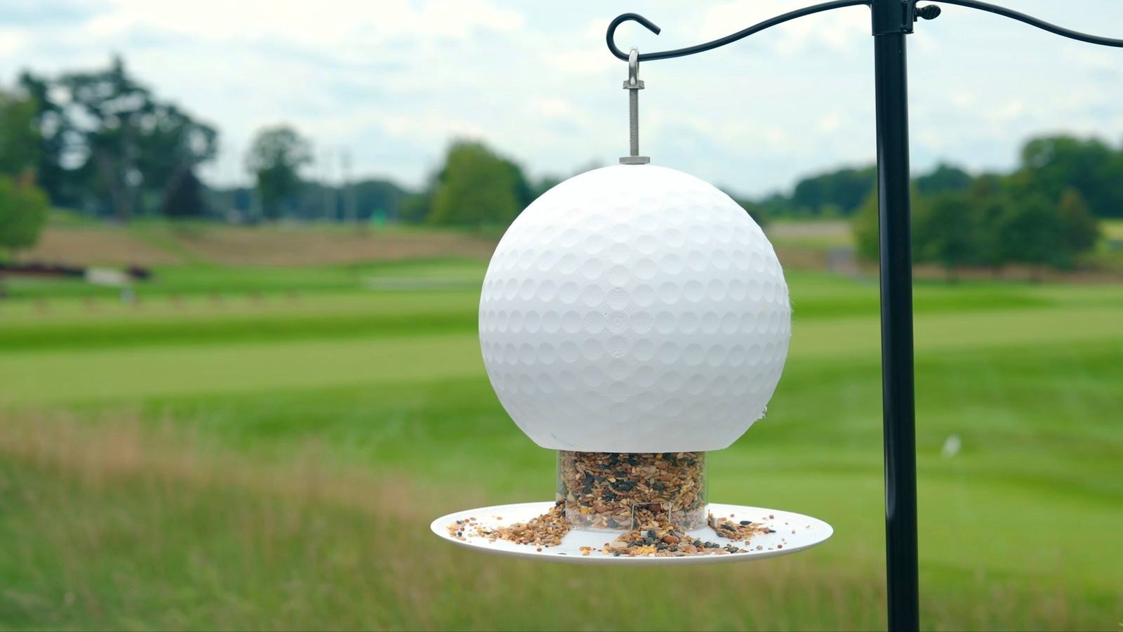 The Eagle, the ScoreFeeders golf ball bird feeder, hanging beside a fairway