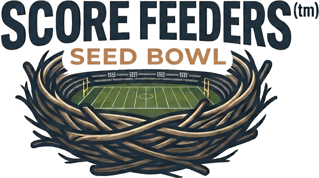 ScoreFeeders&trade; SeedBowl logo: a football stadium inside a bird&rsquo;s nest